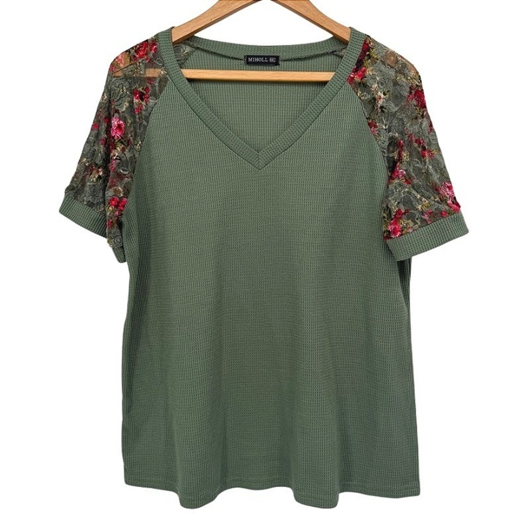 MIHOLL Top Waffle Knit Floral Lace Raglan Sleeve V-Neck Casual XXL**